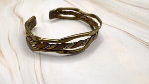 Vintage Tri Metal Twisted Wire Cuff Bracelet Brass Copper Braided Bangle 6.5